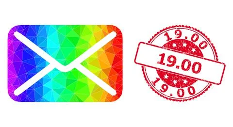 Round Scratched 19.00 Stamp With Vector Lowpoly Letter Icon with Rainbow Stock Illustration