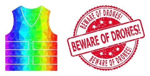 Round Scratched Beware of Drones! Stamp Seal With Vector Triangle Filled Yellow Stock Illustration