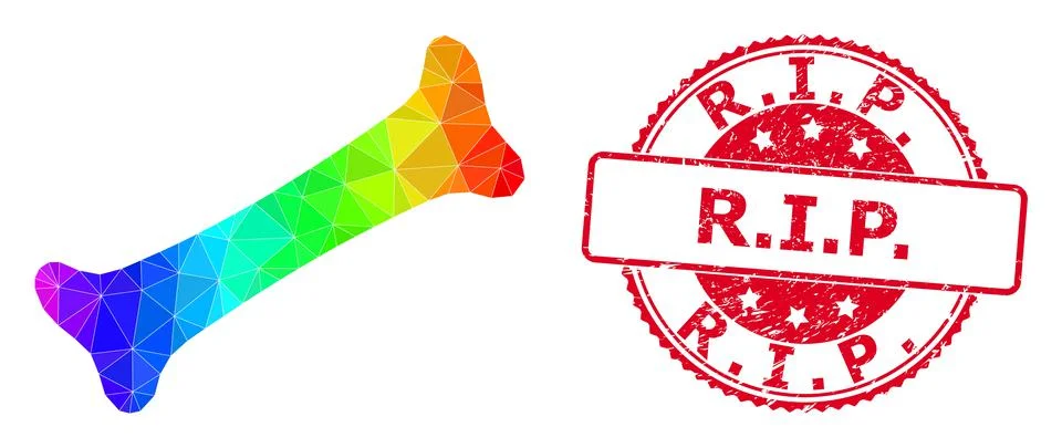 Round Scratched R.I.P. Seal With Vector Polygonal Bone Icon with Rainbow Stock Illustration