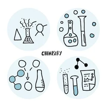 Round set of cemistry objects in doodle style. Science research symbols isola Illustrazione stock