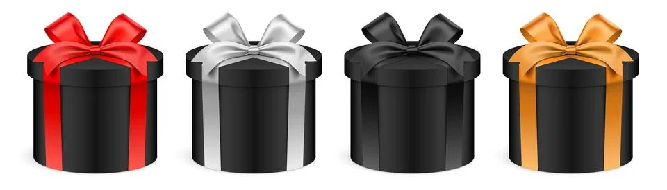 Round shape black gift boxes with colorful ribbons isolated on background vector 스톡 일러스트
