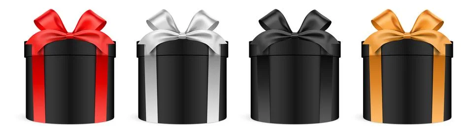 Round shape black gift boxes with colorful ribbons isolated on background vector Illustrazione stock
