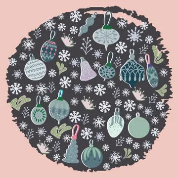 Round shape with Christmas tree decorations on black texture background Stock Illustration