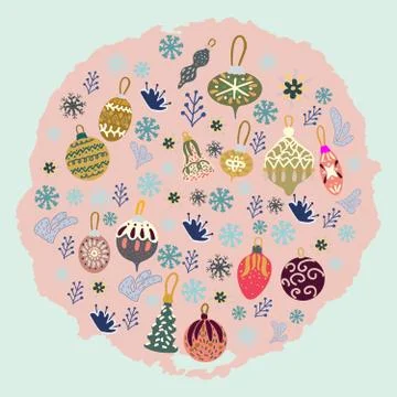 Round shape with Christmas tree decorations on pink texture background Stock Illustration