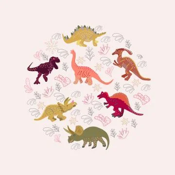 Round shape with colourful dinosaurs Stock Illustration