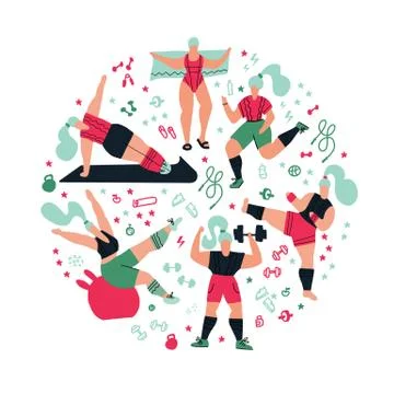 Round shape composition Workout in the gym on white background. Women doing s Stock Illustration
