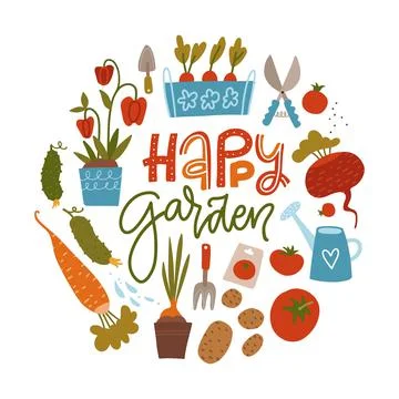 Round shape concept with gardening tools, seeds, sprout, seedling, flower pots Illustration