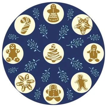 Round shape filled with gingerbread biscuits on blue background Stock Illustration