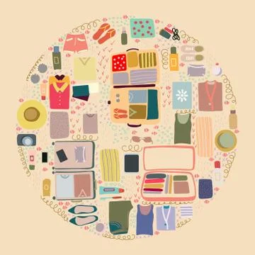 Round shape with flat lay clothes and top view packed suitcase Stock Illustration