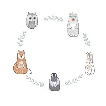Round shape frame with cute baby fox, bear, owl, hare, and penguin. Scandinavian Stock Illustration