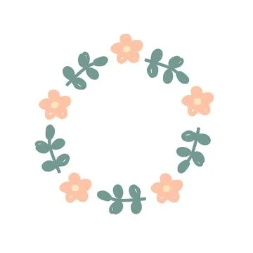 Round shape frame with cute hand drawn leaves and flowers. Floral decoration Stock Illustration