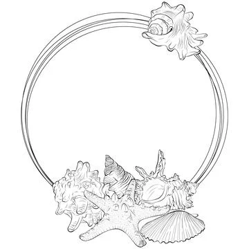 Round shape frame from hand drawn sea shells and starfish Stock Illustration