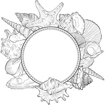 Round shape frame from hand drawn spiral sea shells and starfish Illustrazione stock