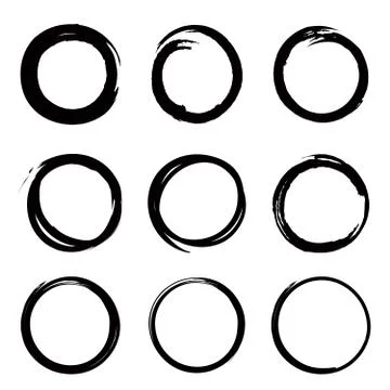 Round shape frame set. Grunge stamps. Doodle line circle icons Illustrazione stock