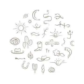 Round shape frame with wild west vector illustrations, icons. Simple western Stock Illustration