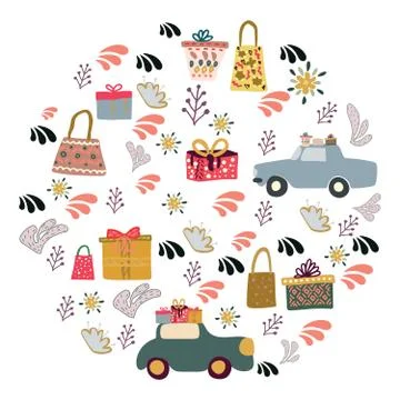 Round shape with gifts, boxes and cars delivering presents on white backgroun Stock Illustration
