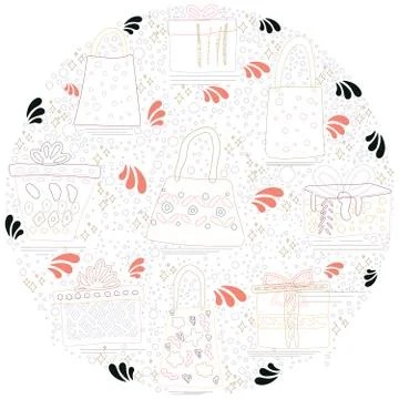 Round shape with gifts, boxes silhouette on white background Illustrazione stock