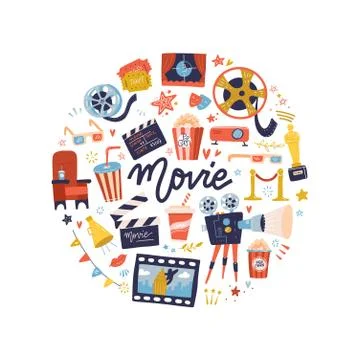 Round shape print concept with flat movie design elements. Collection of many Stock Illustration