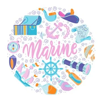 Round shape print with Cute Nautical Set. Flat Vector illustration nautical d Illustrazione stock