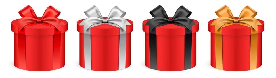 Round shape red gift boxes with colorful ribbons isolated on background vector Stock Illustration