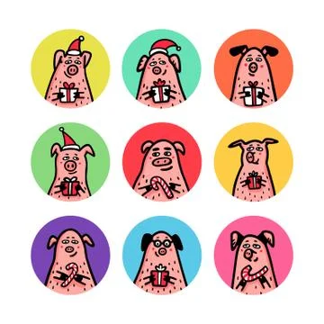 Round shape stickers set. Funny pigs with candy canes, gifts and santa hats. Stock Illustration