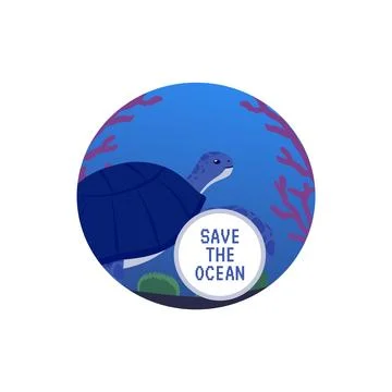 Round shape with turtle and save the ocean text flat style, vector illustration Stock Illustration