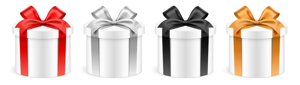 Round shape white gift boxes with colorful ribbons isolated on background vector Stock Illustration