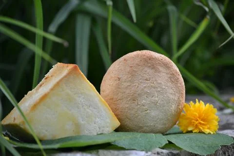 A round-shaped bread and triangle-shaped cheese outdoors on large leaves agai Stock Photos