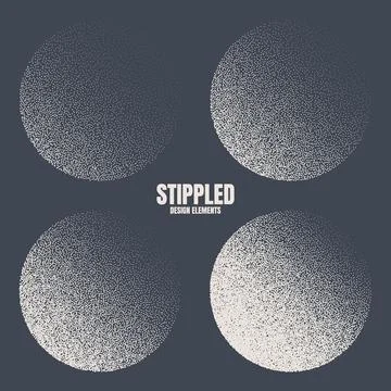 Round shaped dotted objects, stipple elements. Fading gradient. Stippling Illustrazione stock
