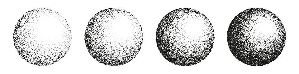 Round shaped dotted objects, stipple elements. Fading gradient. Stippling Stock Illustration