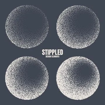 Round shaped dotted objects, stipple elements. Fading gradient. Stippling Stock Illustration