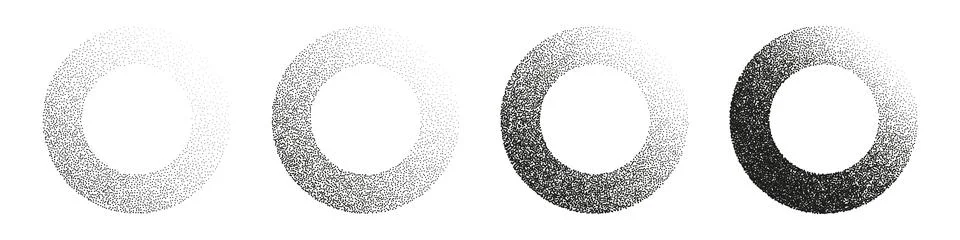 Round shaped dotted objects, stipple elements. Fading gradient. Stippling Stock Illustration