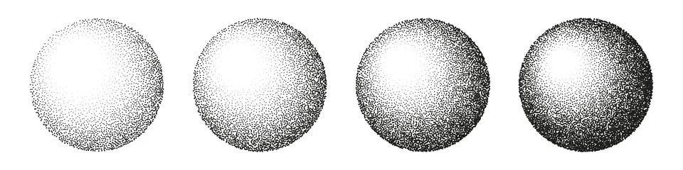 Round shaped dotted objects, stipple elements. Fading gradient. Stippling Illustrazione stock
