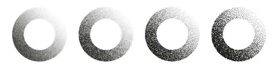 Round shaped dotted objects, stipple elements. Fading gradient. Stippling Stock Illustration