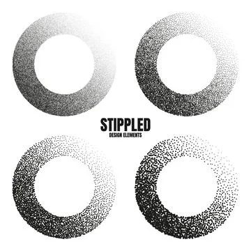 Round shaped dotted objects, stipple elements. Fading gradient. Stippling Stock Illustration