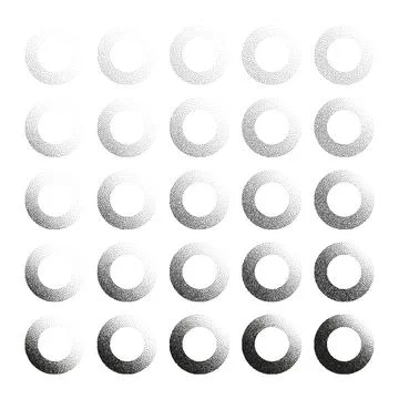 Round shaped dotted objects, stipple elements. Fading gradient. Stippling Stock Illustration