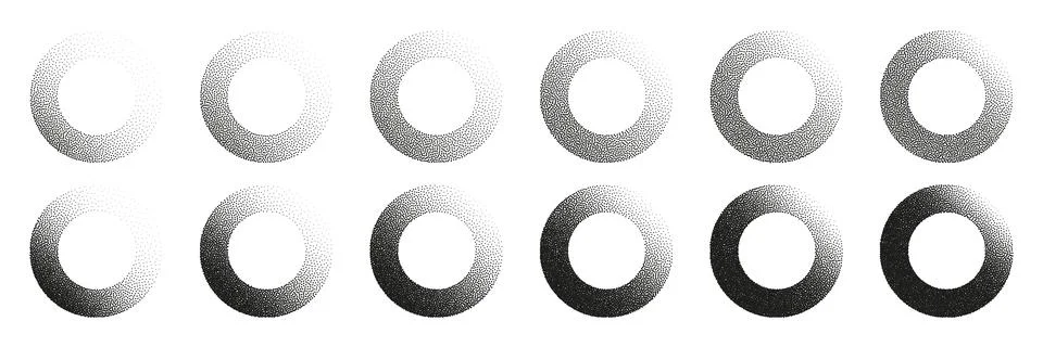 Round shaped dotted objects, stipple elements. Fading gradient. Stippling Stock Illustration