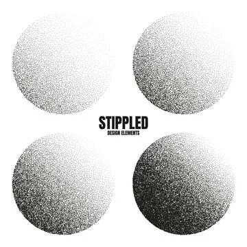Round shaped dotted objects, stipple elements. Fading gradient. Stippling Illustrazione stock