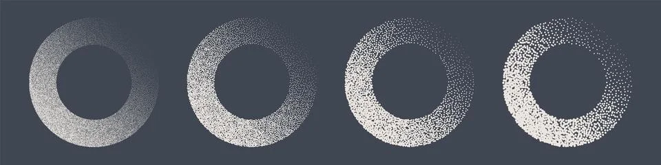 Round shaped dotted objects, stipple elements. Fading gradient. Stippling Illustrazione stock