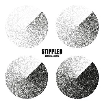 Round shaped dotted objects, stipple elements. Fading gradient. Stippling Illustrazione stock