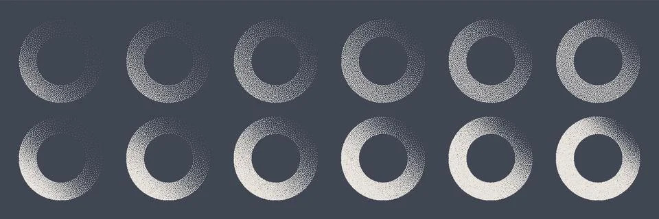 Round shaped dotted objects, stipple elements. Fading gradient. Stippling Stock Illustration
