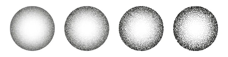 Round shaped dotted objects, stipple elements. Fading gradient. Stippling Stock Illustration