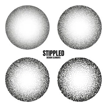 Round shaped dotted objects, stipple elements. Fading gradient. Stippling Stock Illustration