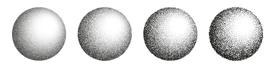 Round shaped dotted objects, stipple elements. Fading gradient. Stippling Stock Illustration