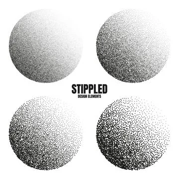 Round shaped dotted objects, stipple elements. Fading gradient. Stippling Stock Illustration