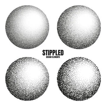 Round shaped dotted objects, stipple elements. Fading gradient. Stippling Stock Illustration