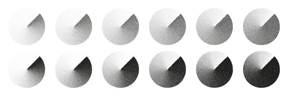 Round shaped dotted objects, stipple elements. Fading gradient. Stippling Stock Illustration