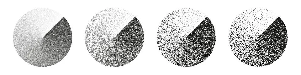 Round shaped dotted objects, stipple elements. Fading gradient. Stippling Illustrazione stock