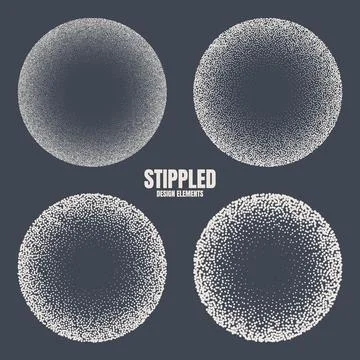 Round shaped dotted objects, stipple elements. Fading gradient. Stippling Illustrazione stock