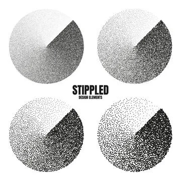 Round shaped dotted objects, stipple elements. Fading gradient. Stippling Stock Illustration